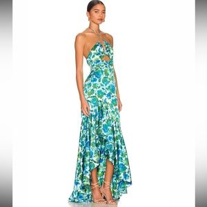 Designer AMUR - Edie High Low Tie Neck Gown in Cerulean Lotus Block Print